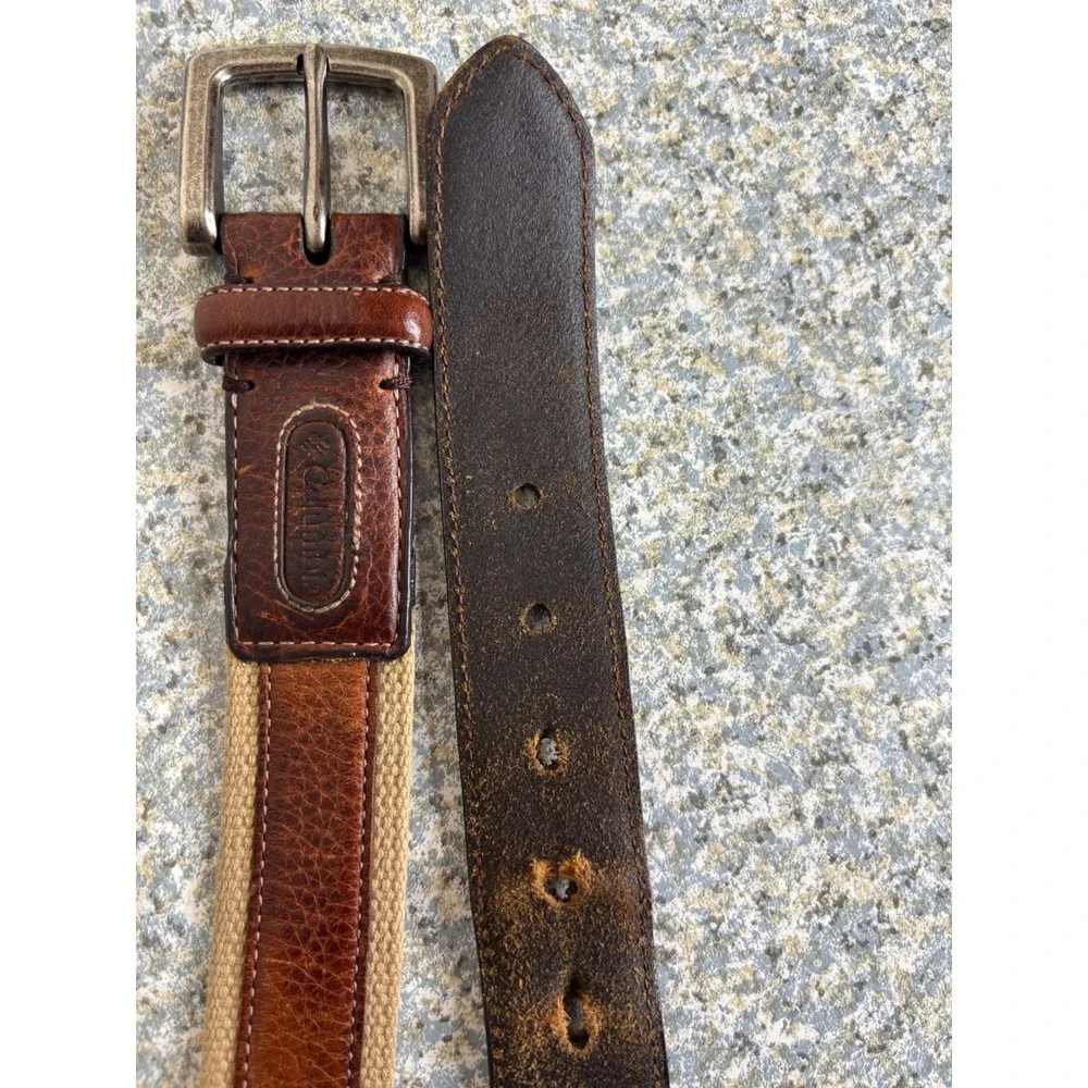 Columbia Belt Mens 40 Brown Leather Tan Cotton Webbing Casual Outdoor 11CO0331